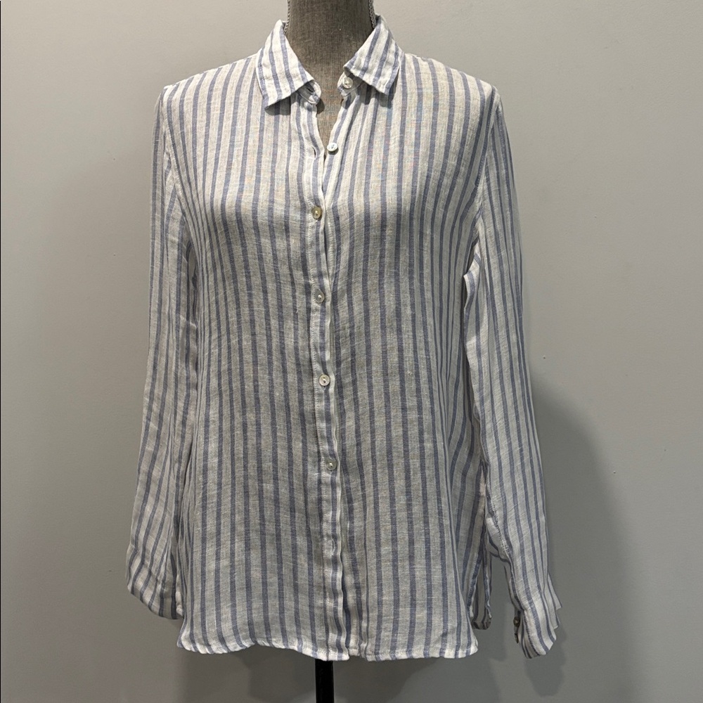 Jones New York Blue White Striped Linen Button Down Shirt Size Small Relaxed Fit